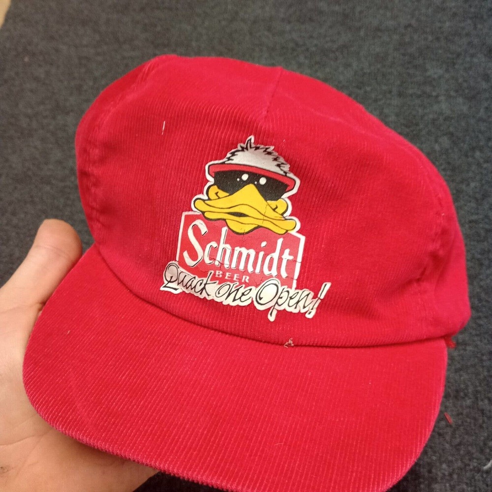 VINTAGE Schmidt Beer Hat Adult Red Trucker Cords Corduroy Snap Back Quack One